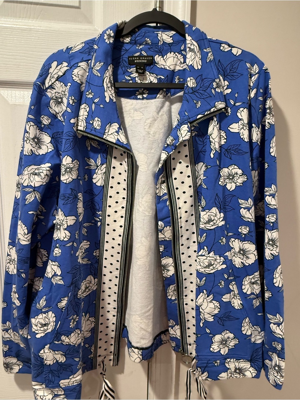 Susan Graver Royal Blue and White Floral Bomber Jacket
